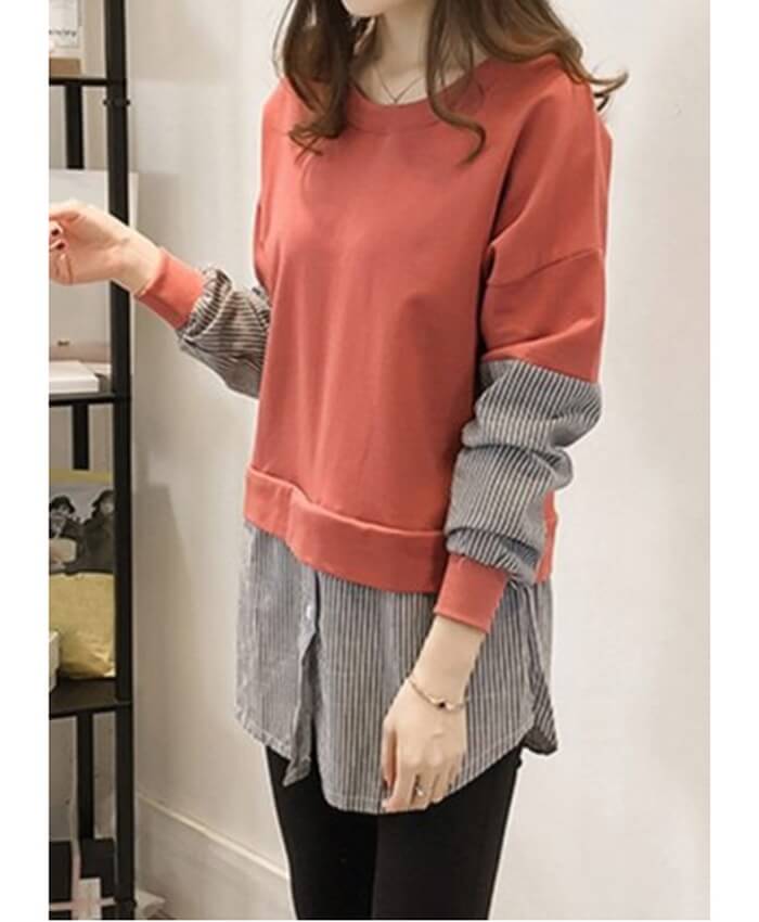 Long Sleeve Brick Red Faux Two Piece Blouse
